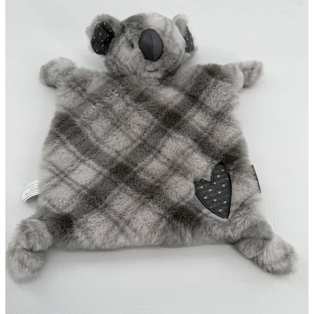 DEMDACO Koala Security Blanket Infant Grey White Plaid Lovey Soft Toy